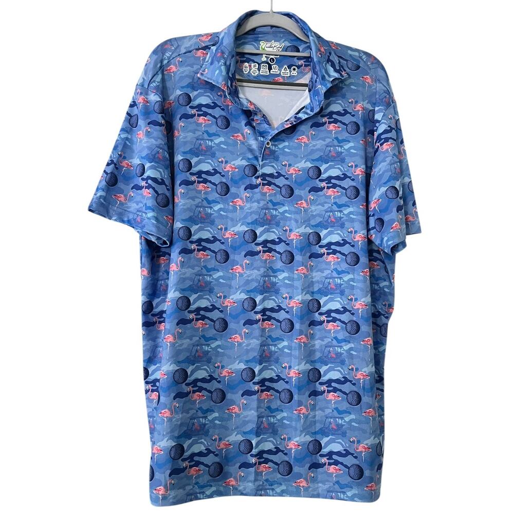 TailorByrd Golf Polo Shirt Flamingos Camo •Men L• Print Quick Dry Blue Top